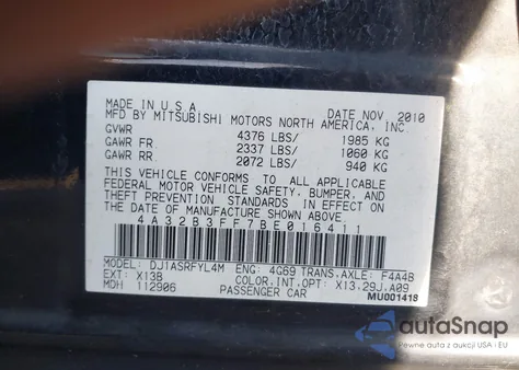 2011 Mitsubishi Galant Es/Se z USA, uszkodzony, nr VIN 4A32B3FF7BE016411